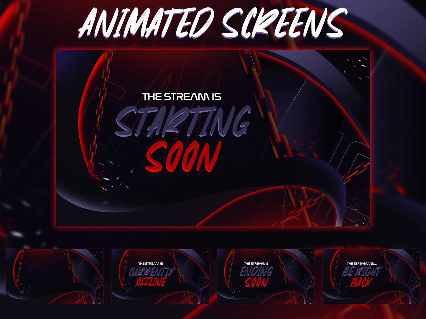 Dark Chain Animated Stream Screens | Industrial Twitch Overlay Pack |Red Streams Package | Screens | Streaming Scenes | Gaming Panels,Alerts