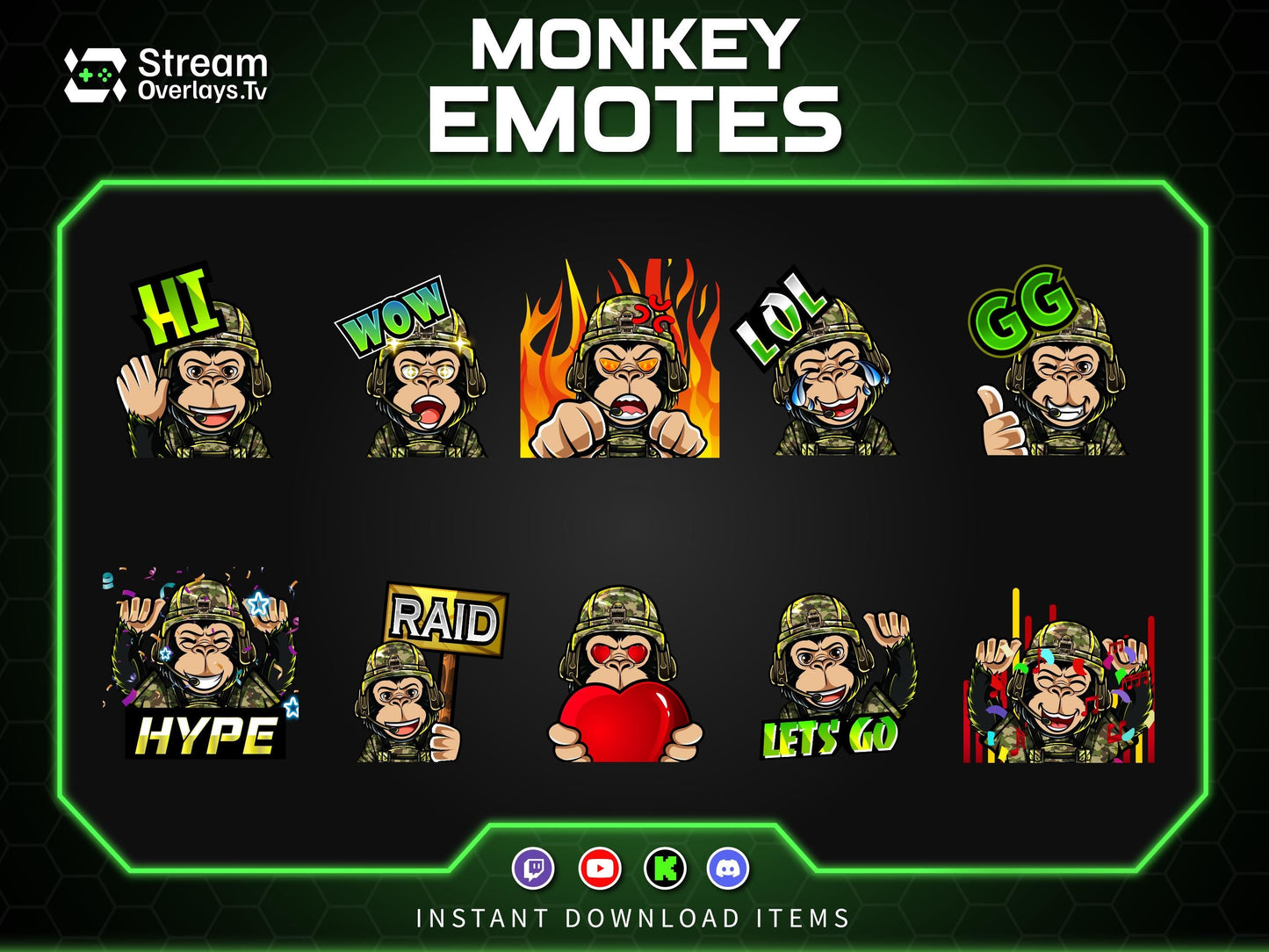 Soldier Monkey Emotes, Farmer Chimp Emojis,military Chimp Emote Pack, Gamer Ape Stickers,  Zoo Monkey Streamer, Twitch, Discord, Kick