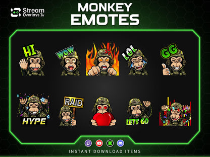 Soldier Monkey Emotes, Farmer Chimp Emojis,military Chimp Emote Pack, Gamer Ape Stickers,  Zoo Monkey Streamer, Twitch, Discord, Kick