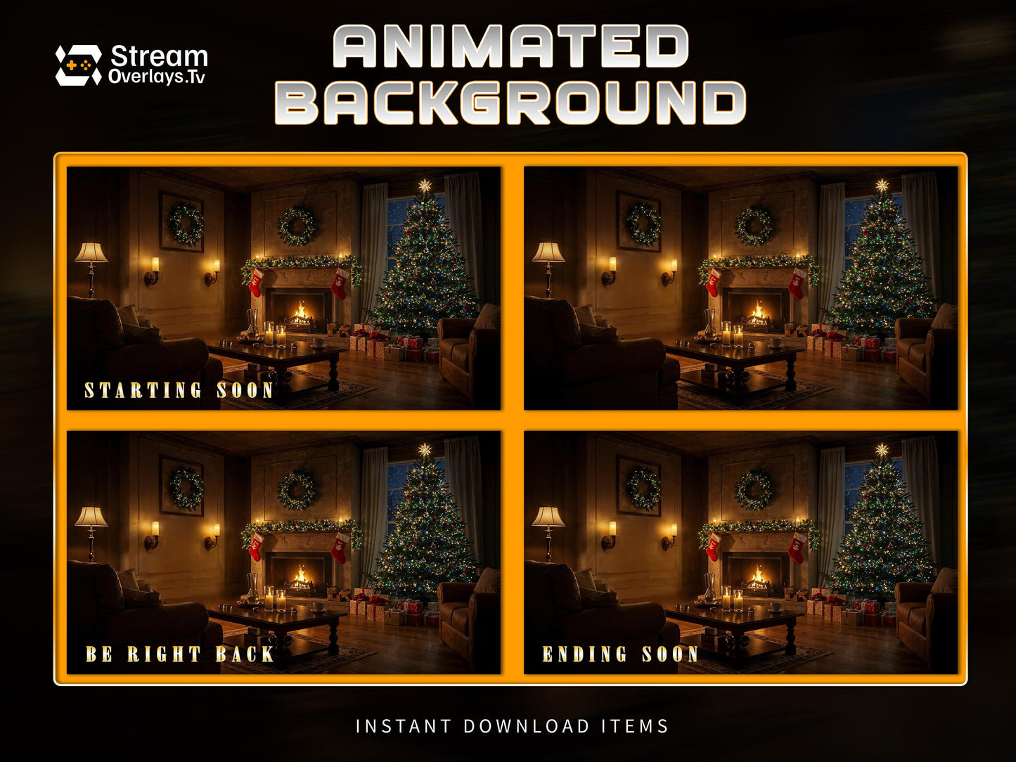 Warm Christmas Cozy Room Animated Background Screen | Detailed Fireplace & Tree Theme Starting Soon, BRB, Offline, Ending Soon Holiday Theme