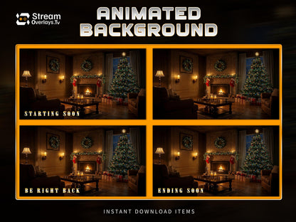 Warm Christmas Cozy Room Animated Background Screen | Detailed Fireplace & Tree Theme Starting Soon, BRB, Offline, Ending Soon Holiday Theme