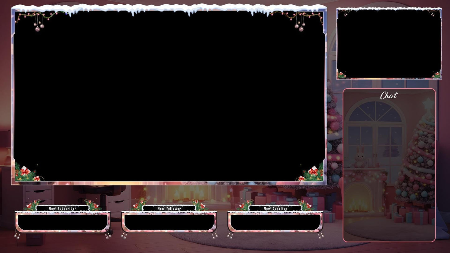 Christmas Pink Gaming Room Overlays Pack | Snowy Theme Xmas Tree Dream Bundle | Gift for Streamers | Winter Stream Decor Twitch | Gamer Desk