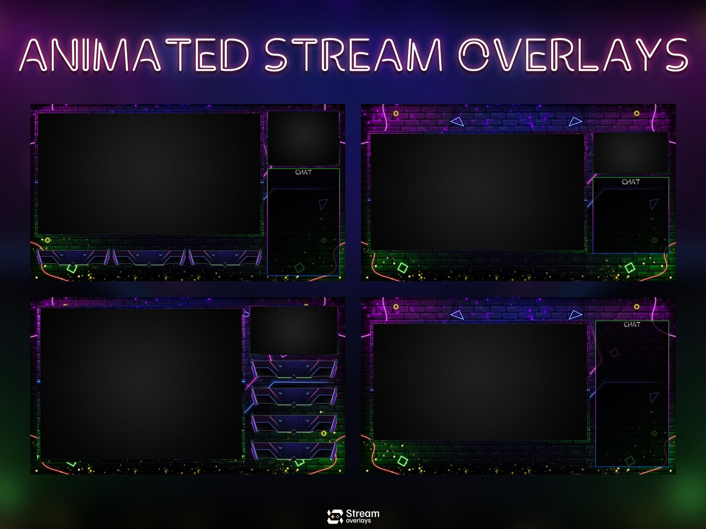 Neon Twitch Overlays | Skull Stream Overlay | Animated Screens | Glow Scenes | Animate Package | Panels | Alerts | Neon Alert | OBS Pack