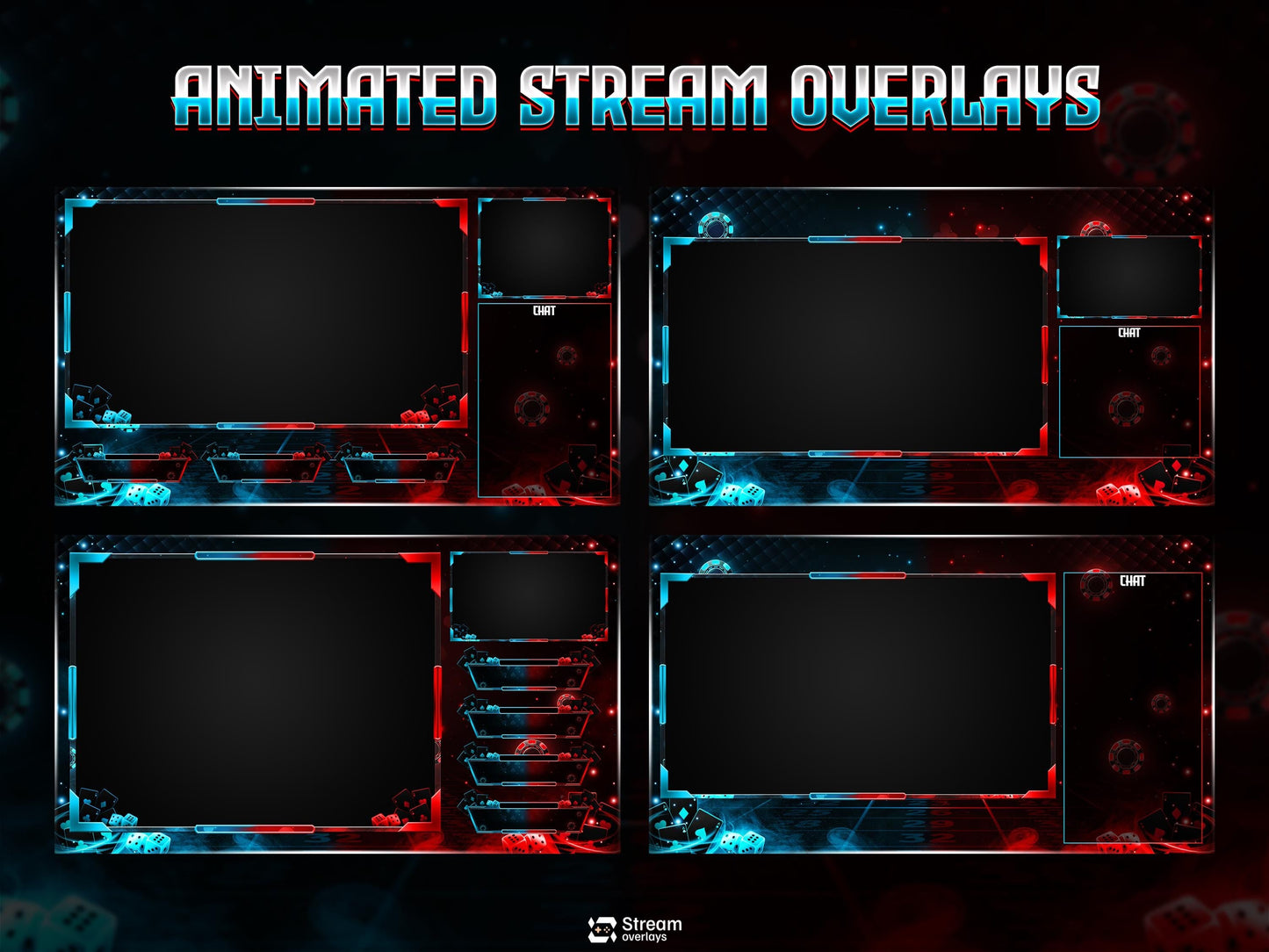 Poker Cards Stream Overlay Pack | Kick Stream | Card Game | Red Blue Neon Gambling Theme | Twitch Assets | Casino Overlay Dice Gaming