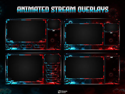 Poker Cards Stream Overlay Pack | Kick Stream | Card Game | Red Blue Neon Gambling Theme | Twitch Assets | Casino Overlay Dice Gaming