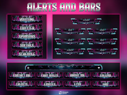 Neon Cyberpunk Stream Pack | Animated Twitch Overlay | Retro Synthwave City | Streaming Scenes | Gaming Overlay | Panels | Alerts | Screens