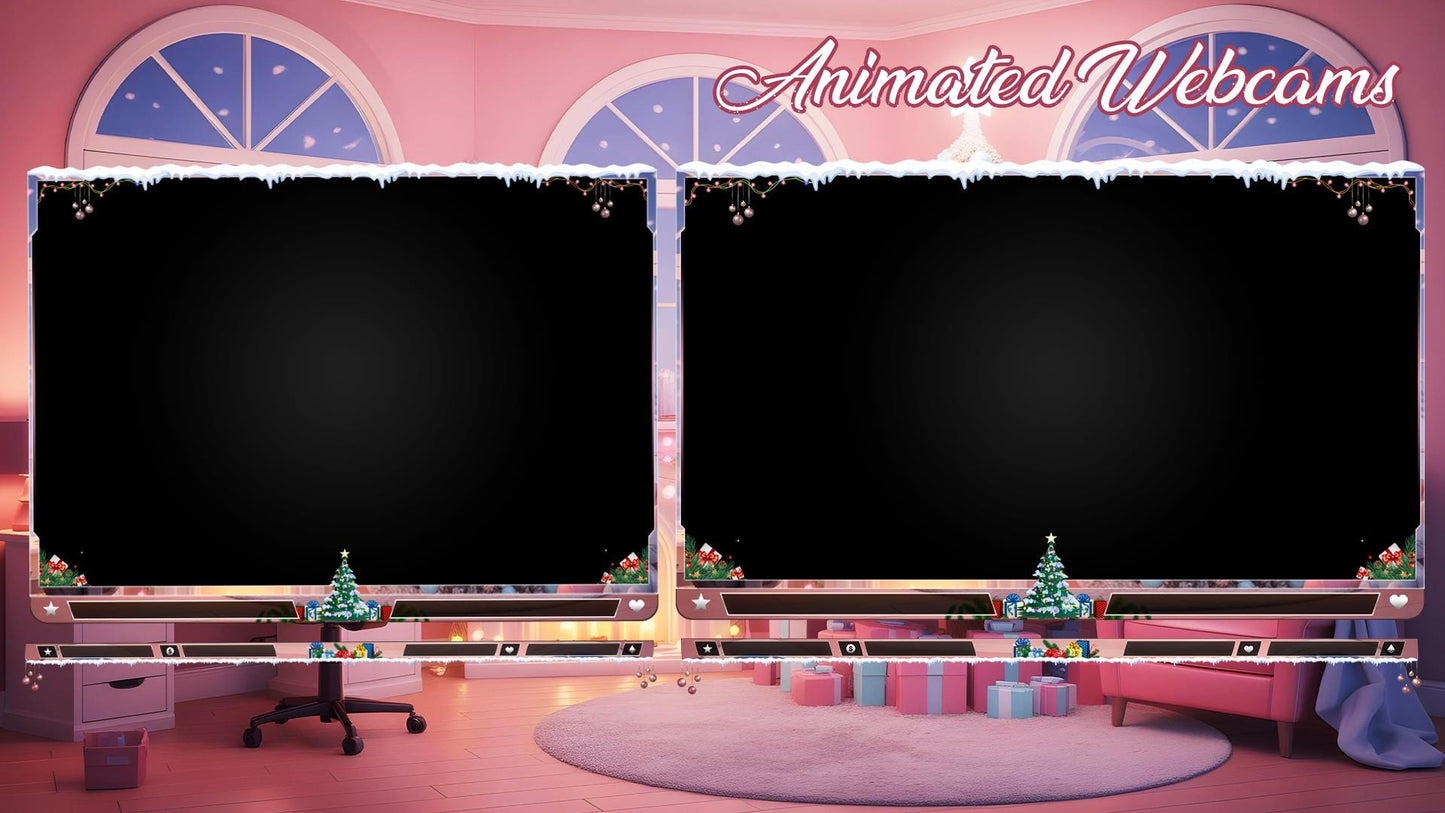 Christmas Pink Gaming Room Overlays Pack | Snowy Theme Xmas Tree Dream Bundle | Gift for Streamers | Winter Stream Decor Twitch | Gamer Desk