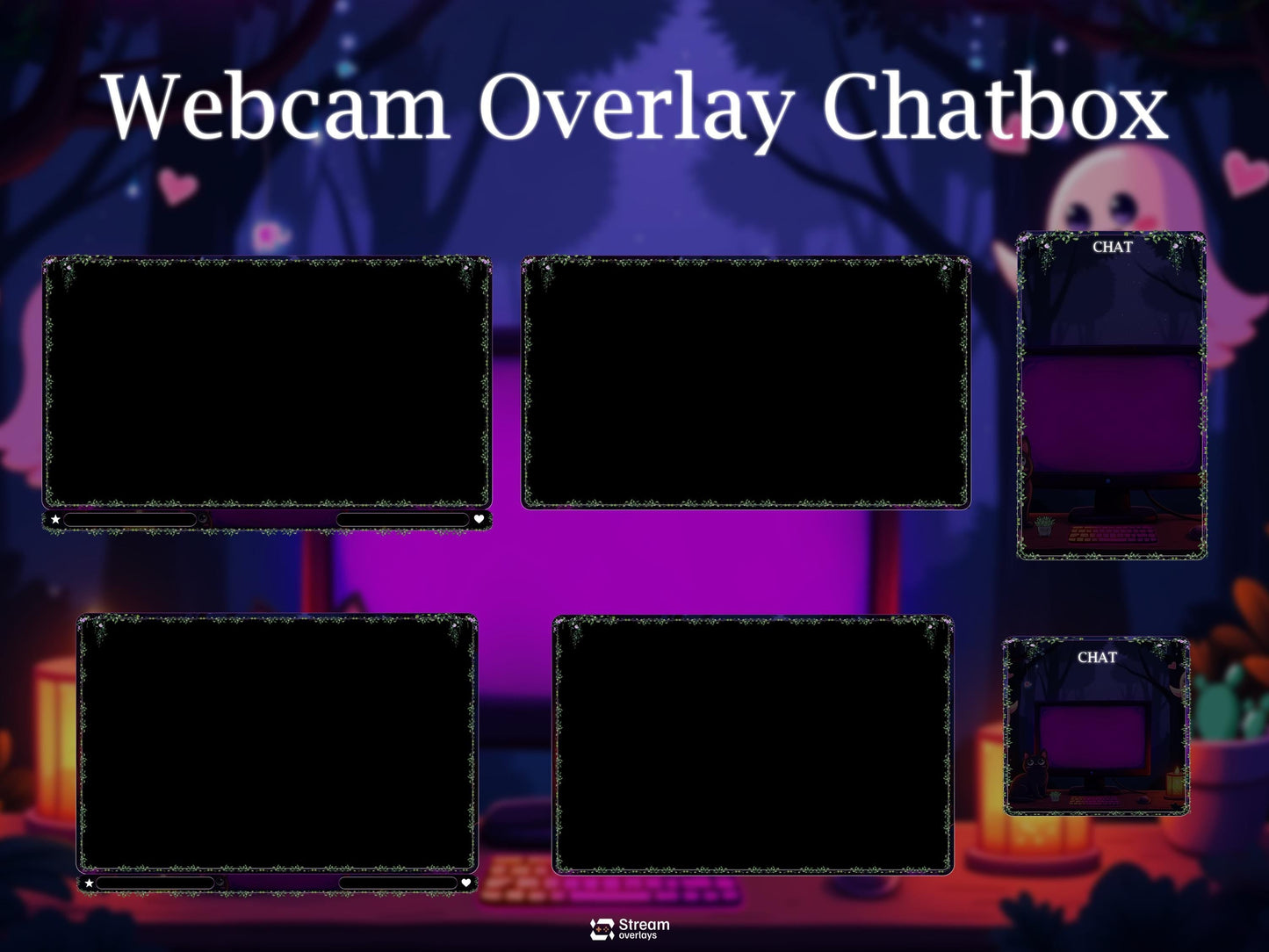 Cute Jungle Ghost Stream Overlays Pack | Animated Cat Wizard Magic Forest Twitch Overlay, Cute Trees Theme OBS Stream Package, Panels