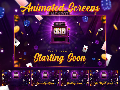 Slot Machine Stream Package | Casino Twitch Overlay Pack | Gambling Stream Overlays | Neon Jackpot Cards Screens & Alerts for Kick, Youtube