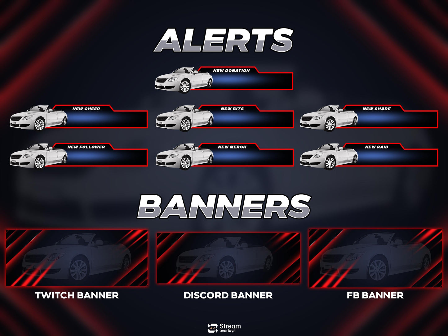 Car overlay pack | Animated Racing Stream Screens | Sport Car Theme | Gaming Overlays | Racers | Twitch Alerts | Panels | Auto Speed Pack