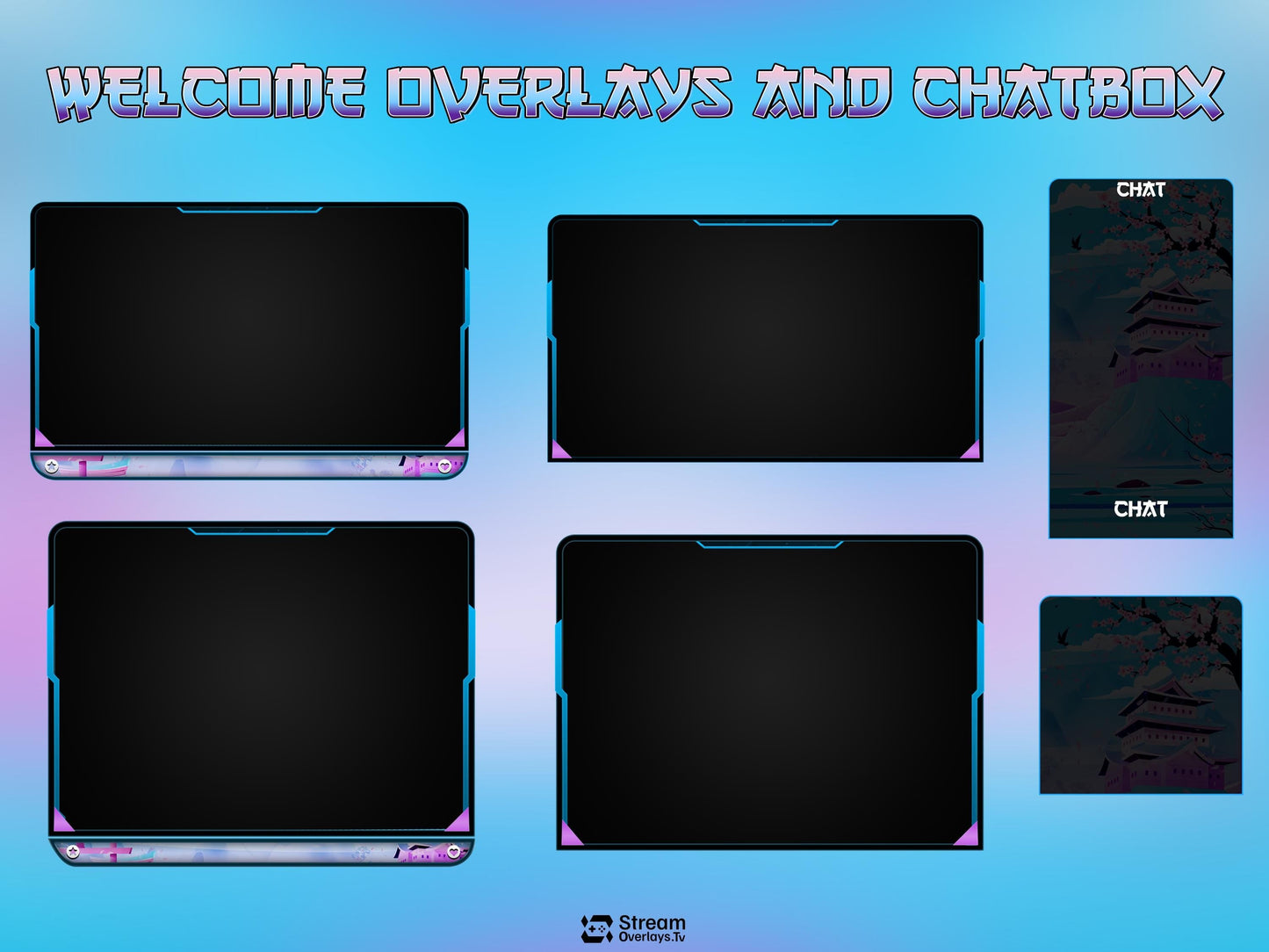 Japanese Kawaii Twitch Overlay | Sakura Cherry Blossom Stream Overlays | Cozy Mountain Lake OBS Bundle | Pastel Sky Screens, Panels, Webcam