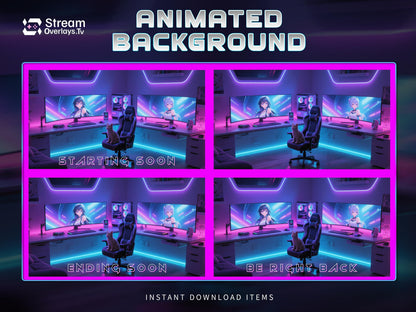 Anime Girl Cyber Gaming Room Background | Anime Stream Overlay Screens | RGB Twitch | Animated background | Twitch Streaming, Game Room Neon