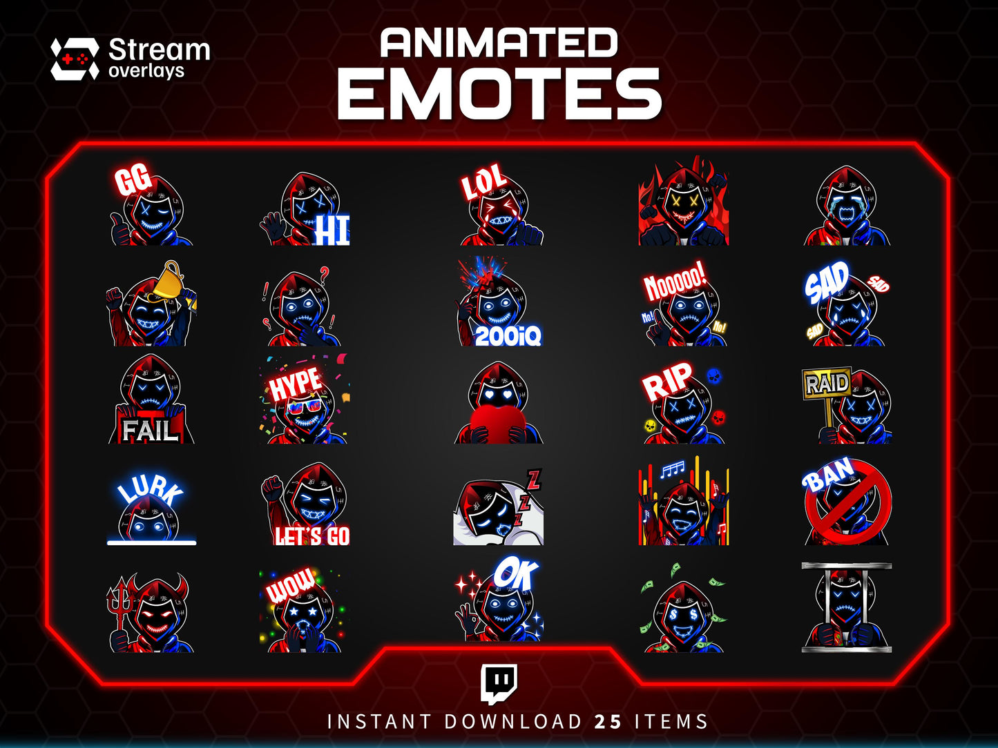 Animated Neon Mask Twitch Emotes: Cyberpunk Streamer Emojis, (25x PNG & GIF Downloadable Files )