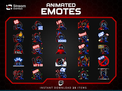 Animated Neon Mask Twitch Emotes: Cyberpunk Streamer Emojis, (25x PNG & GIF Downloadable Files )
