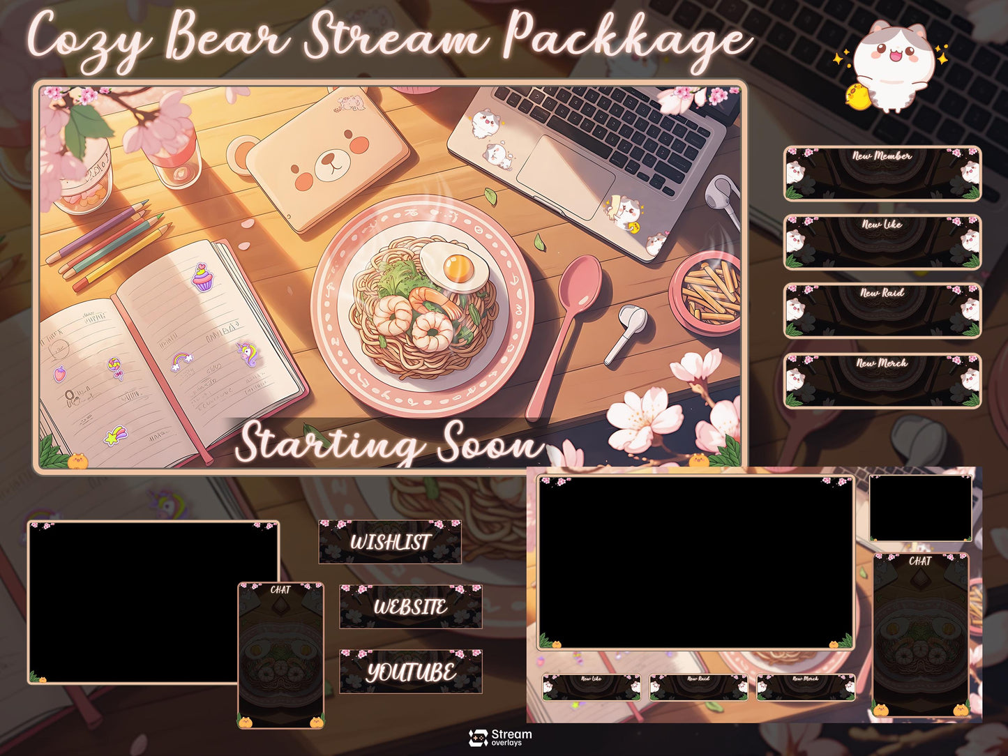 Cozy Bear Twitch Overlay Pack | Kawaii Stream Screens | Pastel Desk Theme | Cozy Starting Soon BRB Ending & Alerts