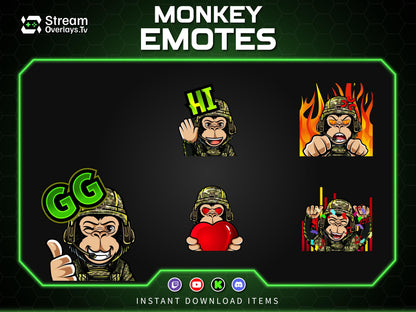 Soldier Monkey Emotes, Farmer Chimp Emojis,military Chimp Emote Pack, Gamer Ape Stickers,  Zoo Monkey Streamer, Twitch, Discord, Kick