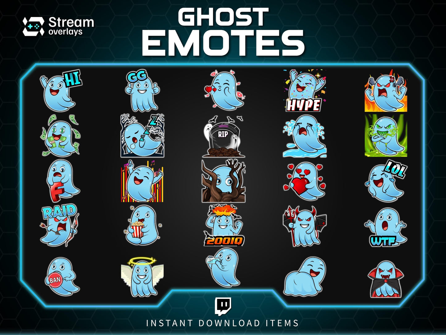 25 Spooky Ghost Twitch Emotes: Halloween Emojis (Instant Download)