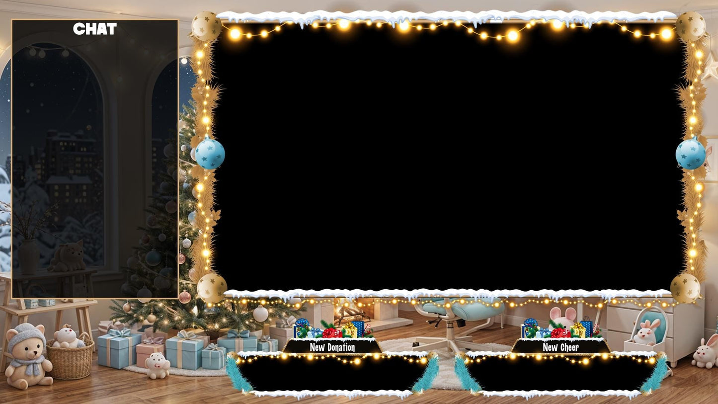 Christmas Kawaii Gaming Room Twitch Overlays Pack | Snow Fireplace | Christmas Tree Holiday Live Stream | Gift for Gamer | Game Room Decor