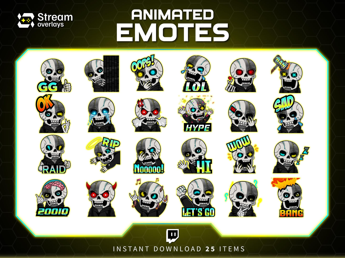 25x Cyborg & Skull Emotes | Animated + Static Twitch Emotes | Futuristic Twitch Emotes | Twitch Sub Emotes | Tiktok Emotes | Discord Emojis