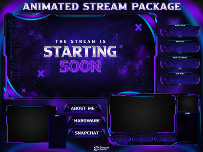 Purple Neon Twitch Overlay Pack Animated | Galaxy Space Stream Screens, Futuristic Cyber Theme, Starting Soon Alerts Panels OBS Kick YouTube
