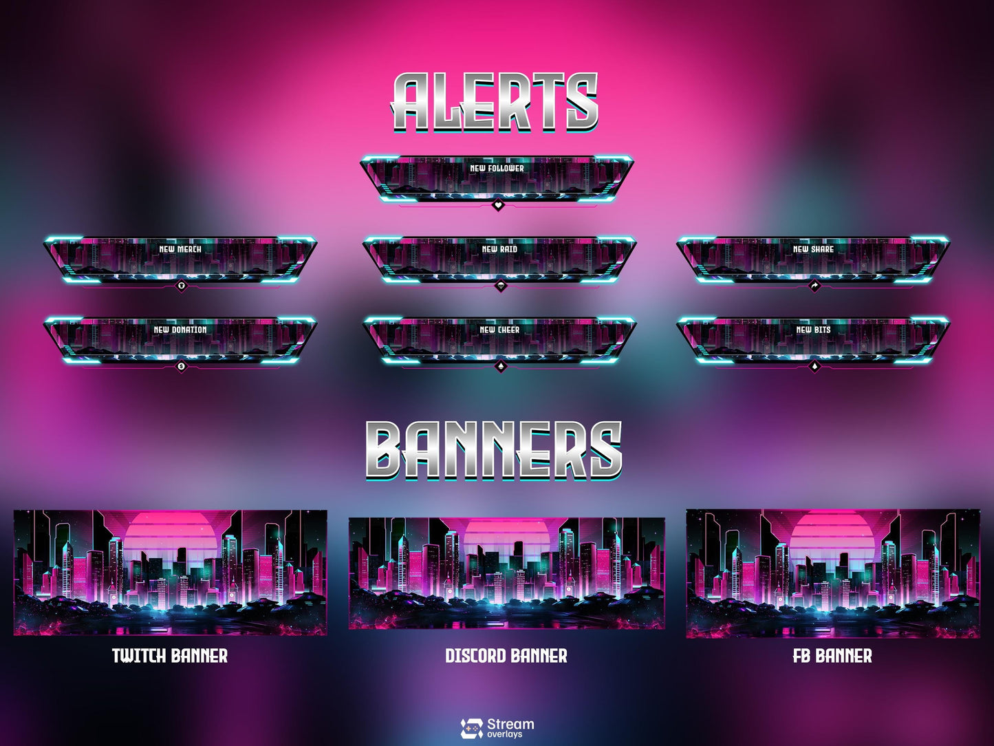 Neon Cyberpunk Stream Pack | Animated Twitch Overlay | Retro Synthwave City | Streaming Scenes | Gaming Overlay | Panels | Alerts | Screens