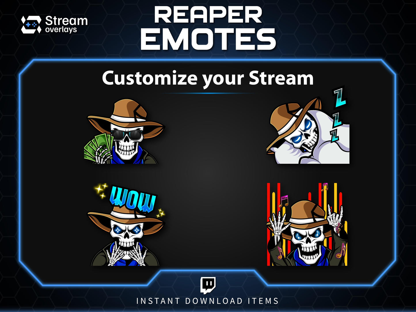 Cowboy Reaper Twitch Emotes Pack | Western Skeleton Skull Emotes for Discord, Kick, Youtube | Dark Gaming Emoji | Grim Reaper Streamer Pack