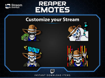 Cowboy Reaper Twitch Emotes Pack | Western Skeleton Skull Emotes for Discord, Kick, Youtube | Dark Gaming Emoji | Grim Reaper Streamer Pack