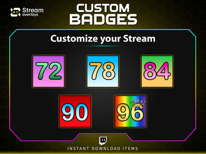 Twitch Subscriber Badges Set | Bright Numbered Sub Badges 1–96 | Colorful Square Sub Badge Pack | Streamer Loyalty Multi-Month Subscriptions