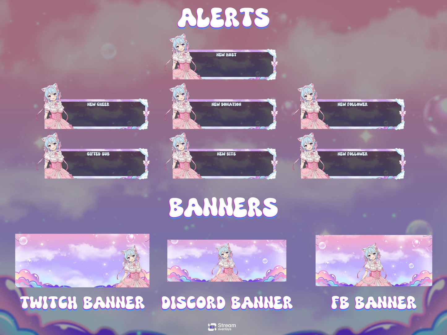 Pastel Sky Clouds Stream Package | Kawaii Anime Fantasy Twitch Overlays | Cute VTuber Gaming Bundle | Dreamy Colorful Cozy LoFi OBS Stream