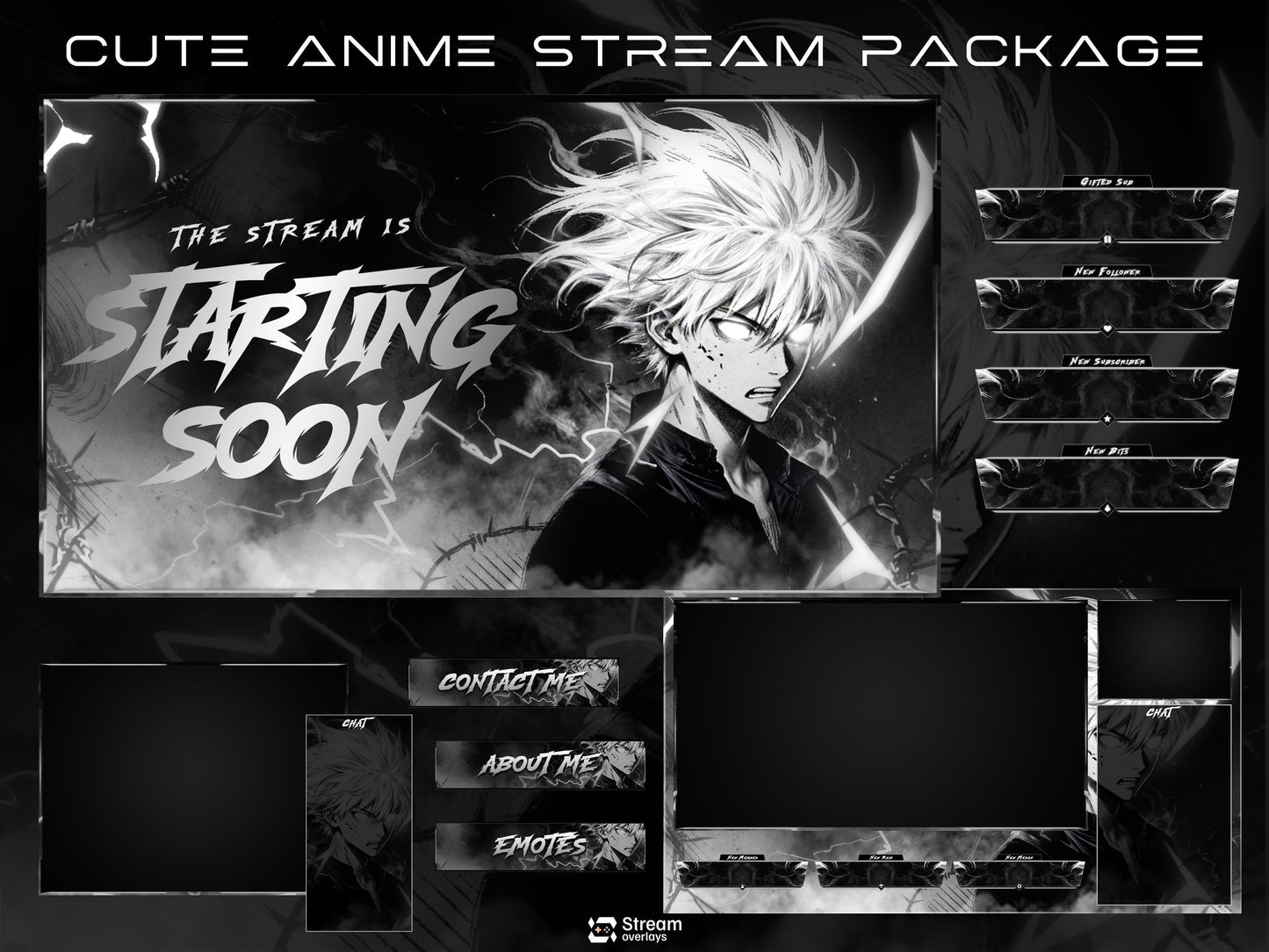 Anime Twitch Overlay Pack | Dark Monochrome Stream Screens | Lightning Anime Theme | Starting Soon BRB Ending & Alerts