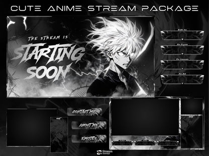 Anime Twitch Overlay Pack | Dark Monochrome Stream Screens | Lightning Anime Theme | Starting Soon BRB Ending & Alerts