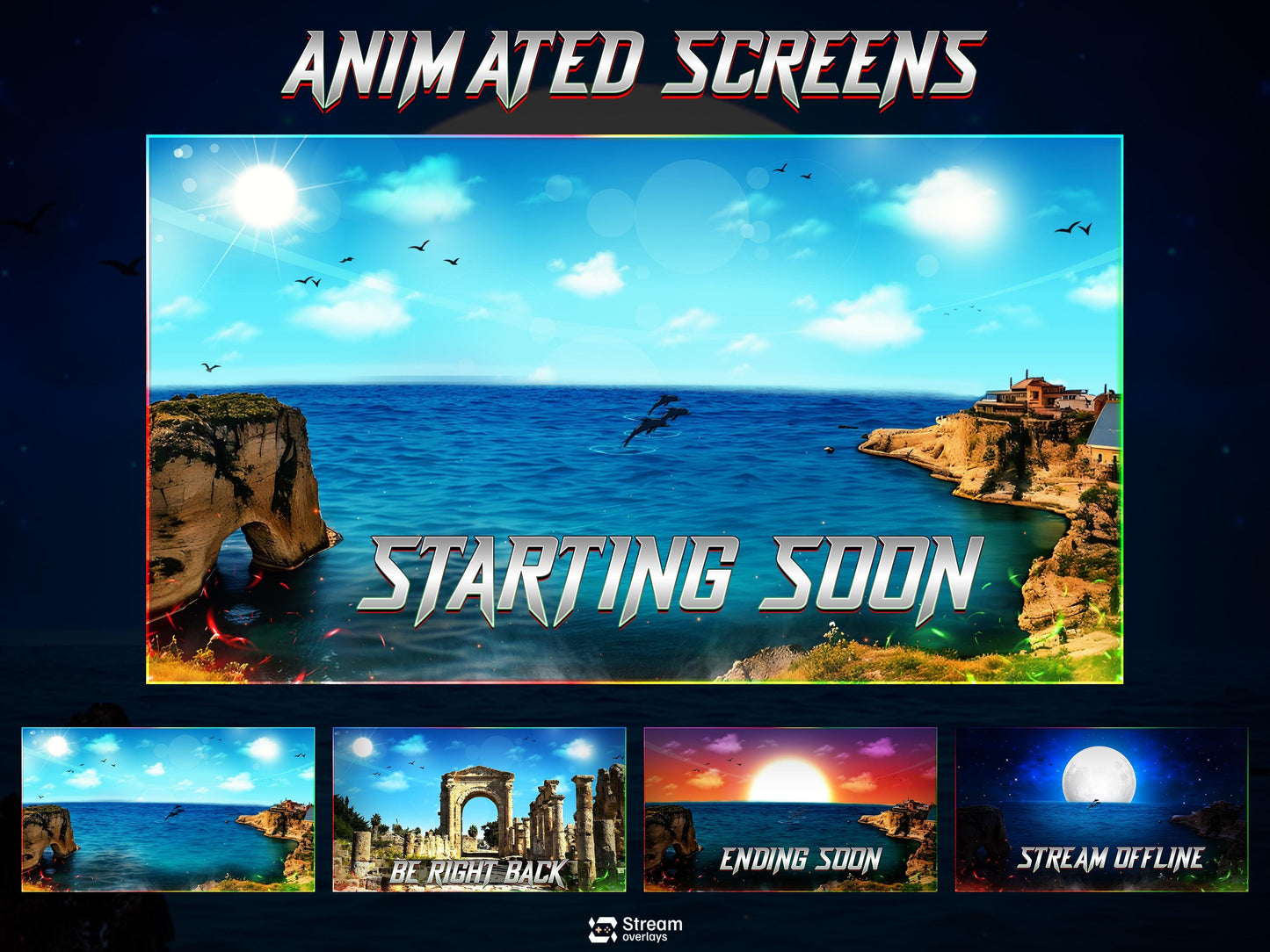 Ocean Twitch Overlay Pack | Sea stream | Nature stream art | Starting Soon BRB & Alerts | Animated Scenes | Gaming Panels | Costal Theme