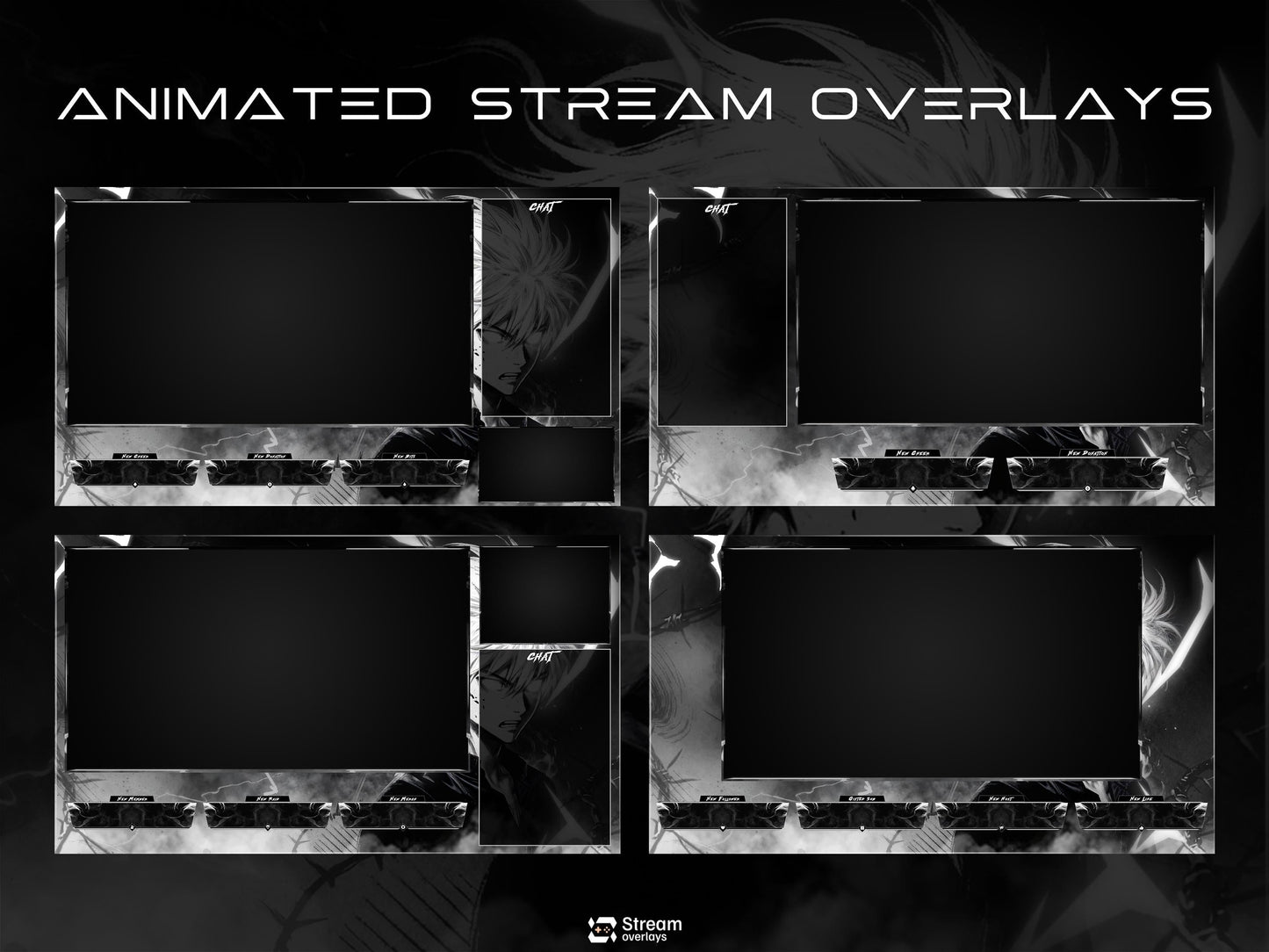 Anime Twitch Overlay Pack | Dark Monochrome Stream Screens | Lightning Anime Theme | Starting Soon BRB Ending & Alerts