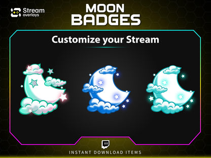 Moon Twitch Sub Badges, Kawaii Celestial Cloud Stream Badges (Digital Download)