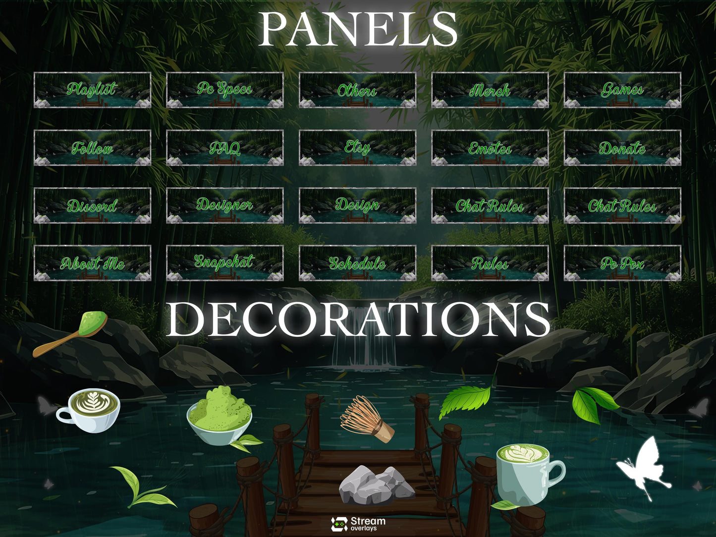 Bamboo Streaming Pack | Animated Twitch Overlay | Nature Stream Package | Forest Waterfall Screens | Alerts | Panels | Gaming Overlays | OBS