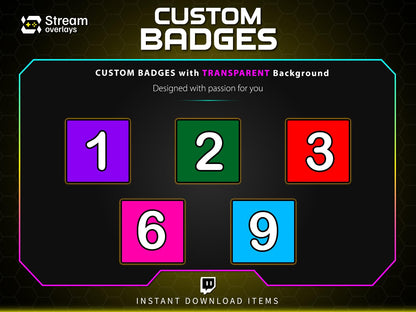 Twitch Subscriber Badges Set | Bright Numbered Sub Badges 1–96 | Colorful Square Sub Badge Pack | Streamer Loyalty Multi-Month Subscriptions