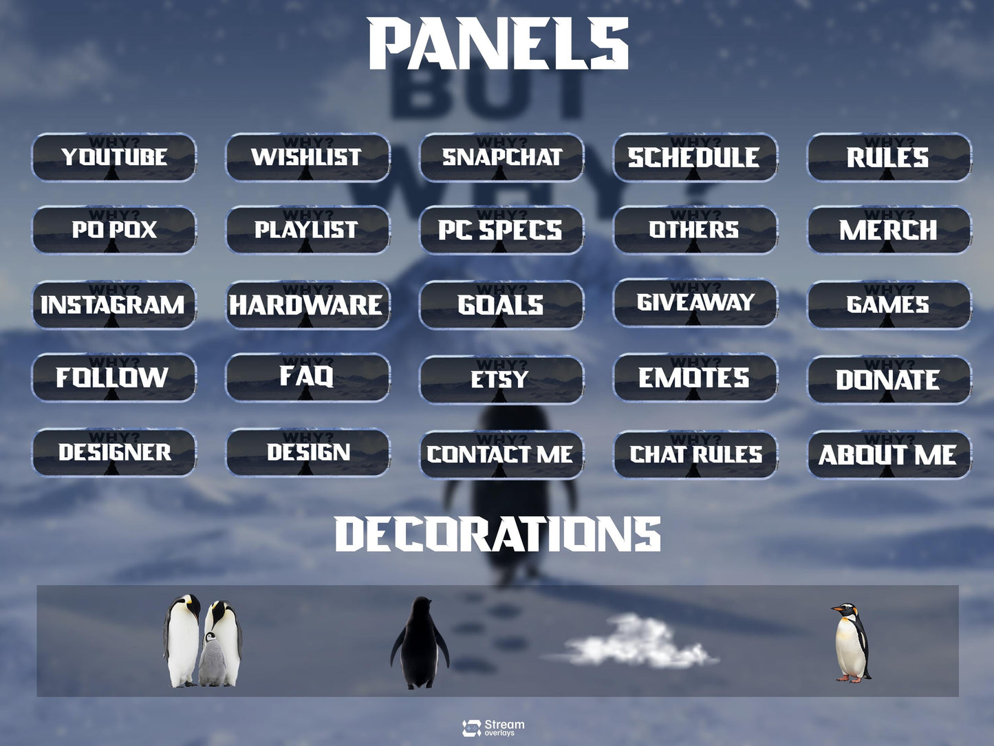 But Why Penguin Stream Overlay Pack | Nihilist Penguin Walking Mountains Twitch Streamer | Arctic Penguin Meme| Ice Snow Winter Lone Penguin