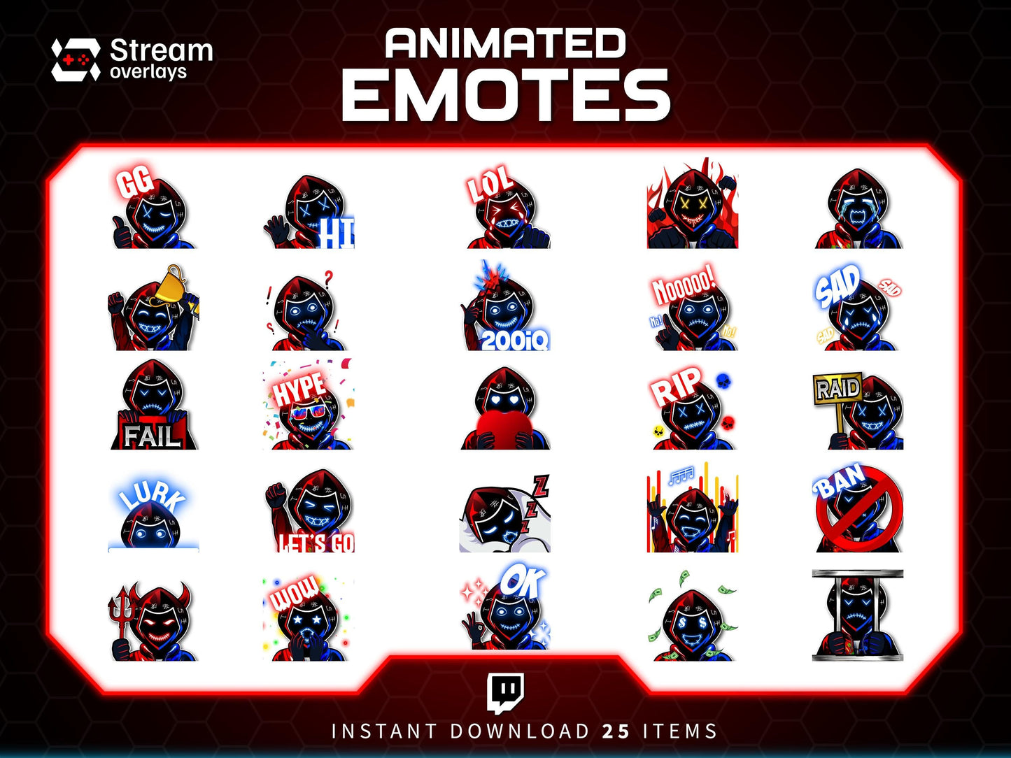 Animated Neon Mask Twitch Emotes: Cyberpunk Streamer Emojis, (25x PNG & GIF Downloadable Files )