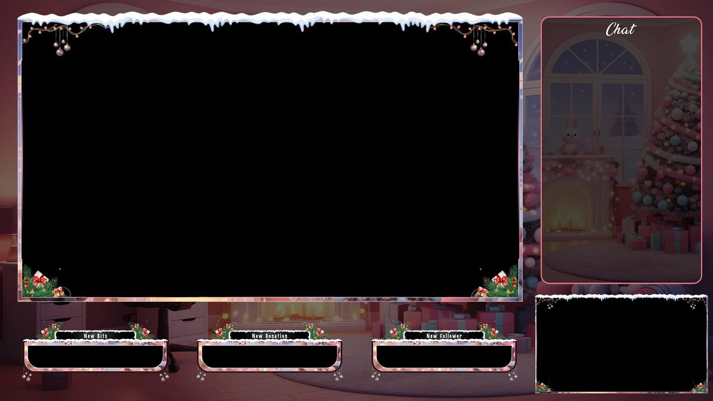Christmas Pink Gaming Room Overlays Pack | Snowy Theme Xmas Tree Dream Bundle | Gift for Streamers | Winter Stream Decor Twitch | Gamer Desk