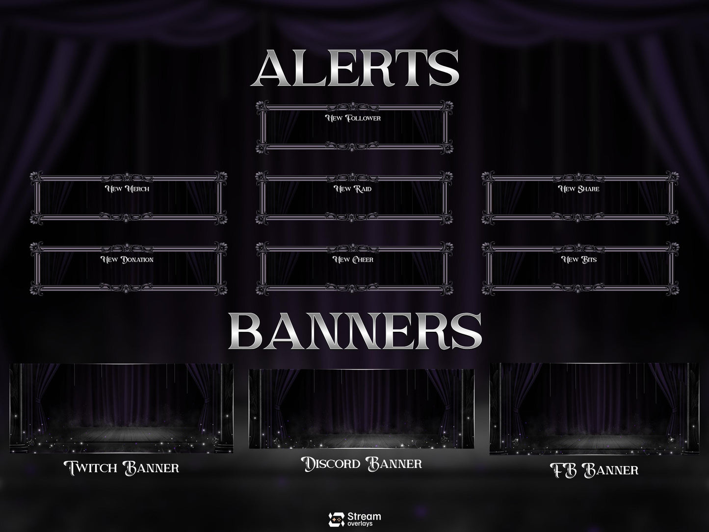 Elegant Theater Twitch Overlay Pack | Animated Dark Stage Curtain Stream Package, OBS Overlay, Twitch Panels, Stream Alerts | Kick & YouTube