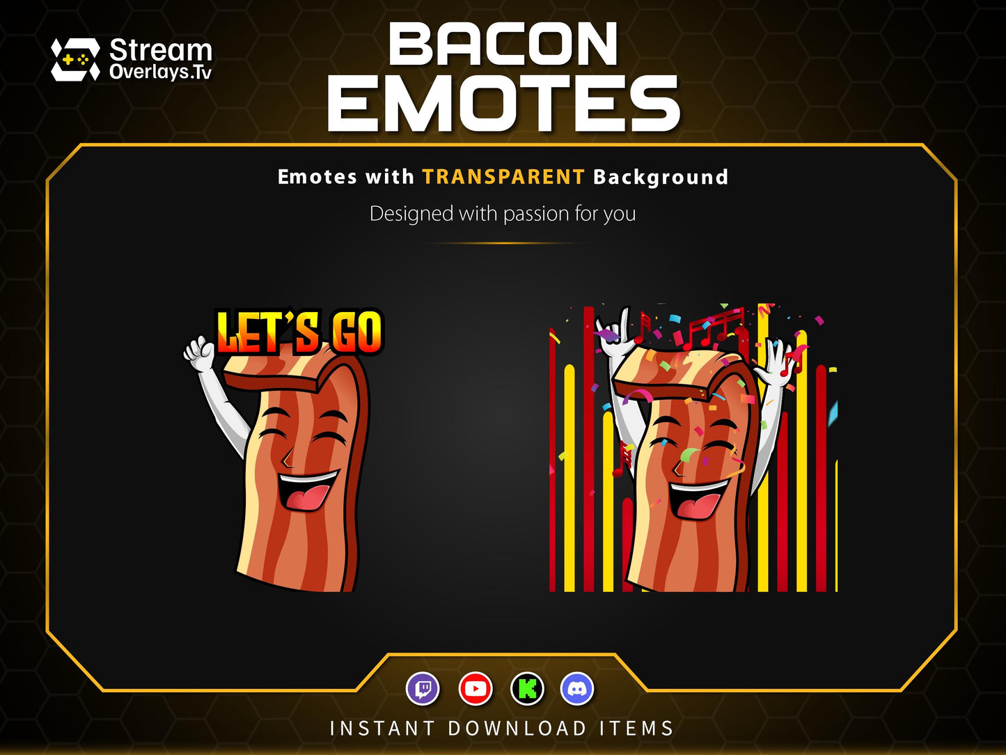 Bacon Twitch Emotes Pack | Funny Food Emojis | Cute Cartoon Emote | Emoji Set for Streamers,   Streamer Sticker, Twitch, Discord, Kick
