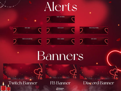 Love Stream Package | Valentine Twitch Overlay Pack | Romantic Red Heart Stream Screens | Animated Rose Petals Candle Stream | Alerts, BRB