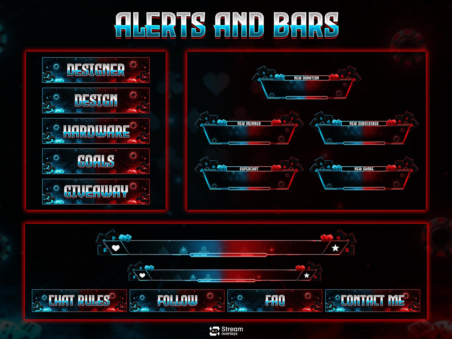 Poker Cards Stream Overlay Pack | Kick Stream | Card Game | Red Blue Neon Gambling Theme | Twitch Assets | Casino Overlay Dice Gaming