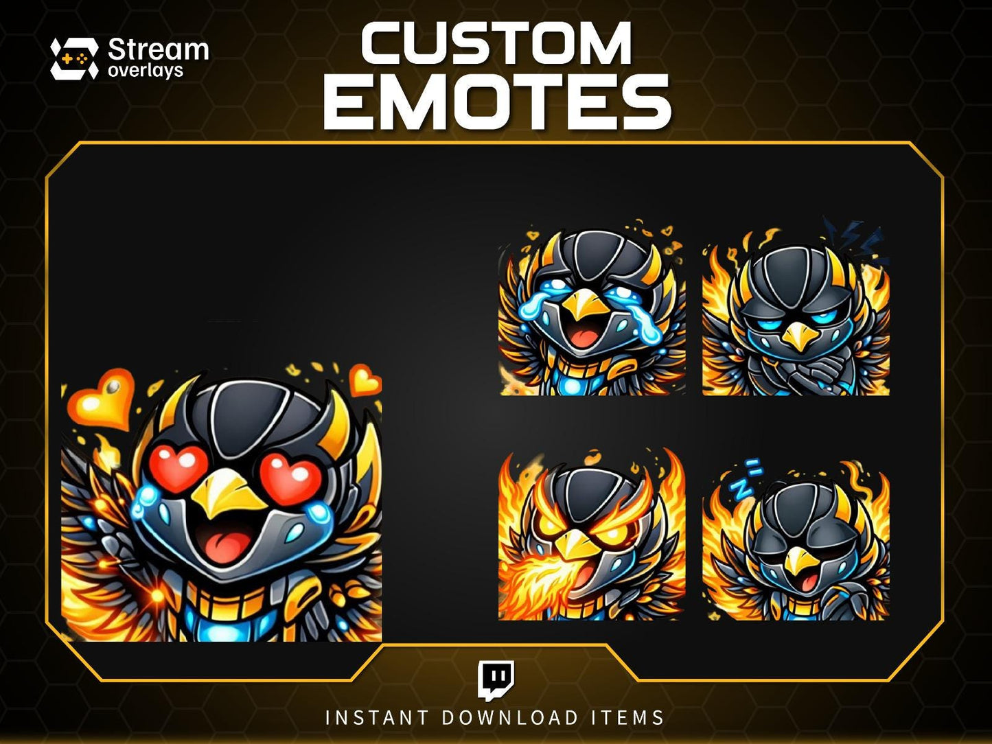 Flaming Phoenix Emotes | Fire Bird Twitch Stickers Pack | Cyborg Phoenix Emojis | Robotic Phoenix Emote for Streamers on Discord, YT, FB