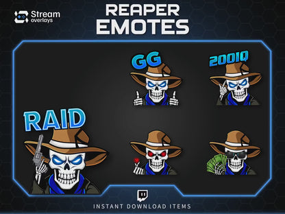 Cowboy Reaper Twitch Emotes Pack | Western Skeleton Skull Emotes for Discord, Kick, Youtube | Dark Gaming Emoji | Grim Reaper Streamer Pack
