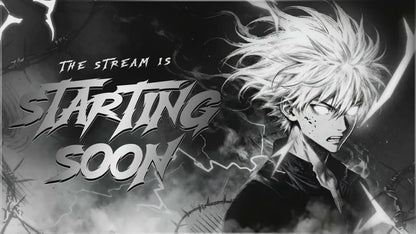 Anime Twitch Overlay Pack | Dark Monochrome Stream Screens | Lightning Anime Theme | Starting Soon BRB Ending & Alerts