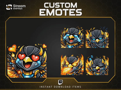 Flaming Phoenix Emotes | Fire Bird Twitch Stickers Pack | Cyborg Phoenix Emojis | Robotic Phoenix Emote for Streamers on Discord, YT, FB