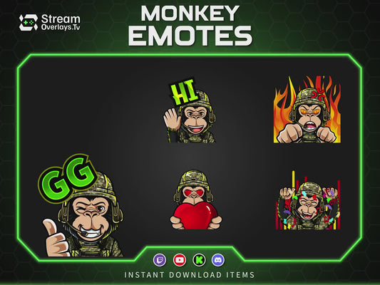 Soldier Monkey Emotes, Farmer Chimp Emojis,military Chimp Emote Pack, Gamer Ape Stickers,  Zoo Monkey Streamer, Twitch, Discord, Kick