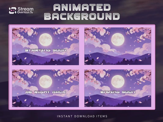 Sakura Moon Night Stream Background | Cherry Blossom Anime Scene | Cozy Purple Sky | VTuber Overlay | Celestial Twitch | Pastal Kawaii Cloud