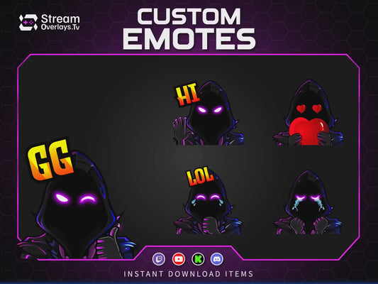 Purple Neon Hacker Twitch Emotes | Grim Reaper Emoji Pack for Streamers | Cute Reaper Twitch Emotes | Kawaii Grim Reaper Emote Pack